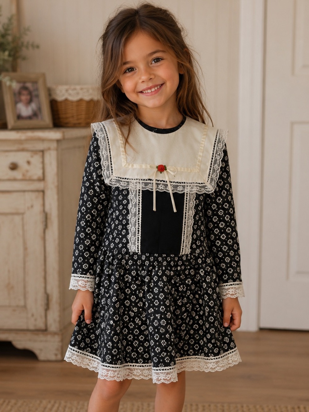 Gunne Sax black/ white Floral Drop Waist Collared Dress size 5